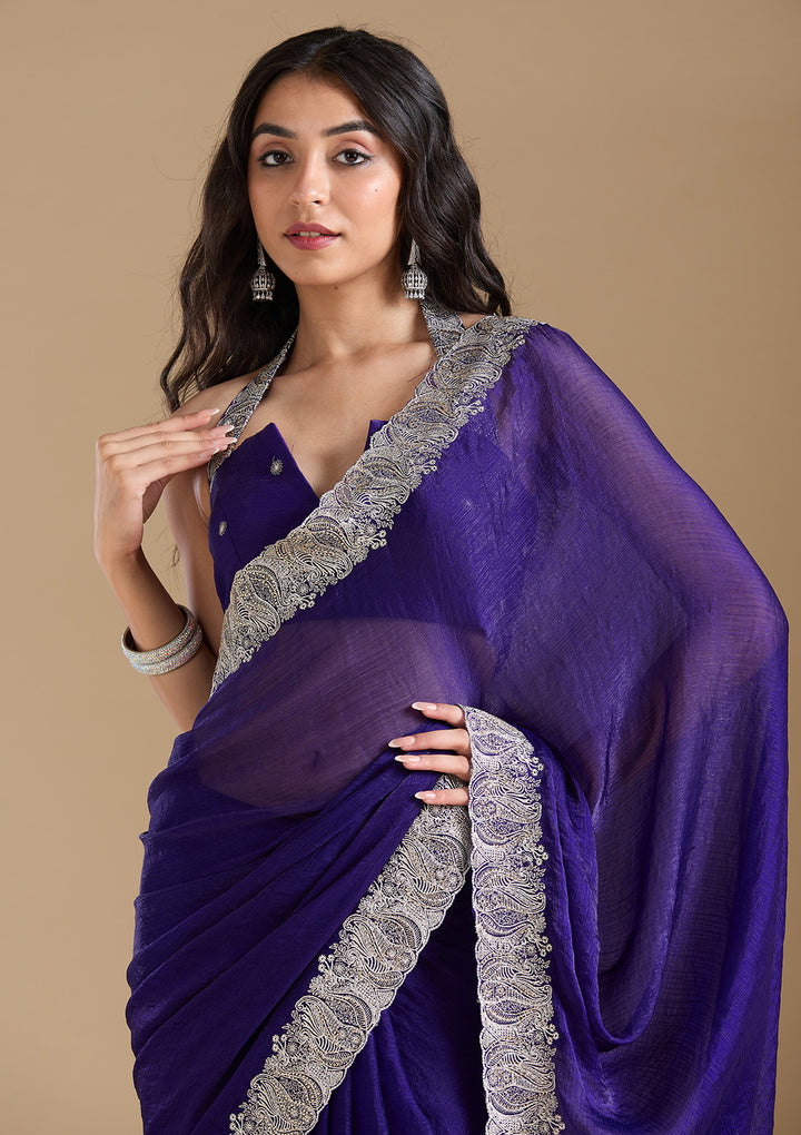 Violet Chiffon Silver Zariwork Saree With Matching Blouse Piece