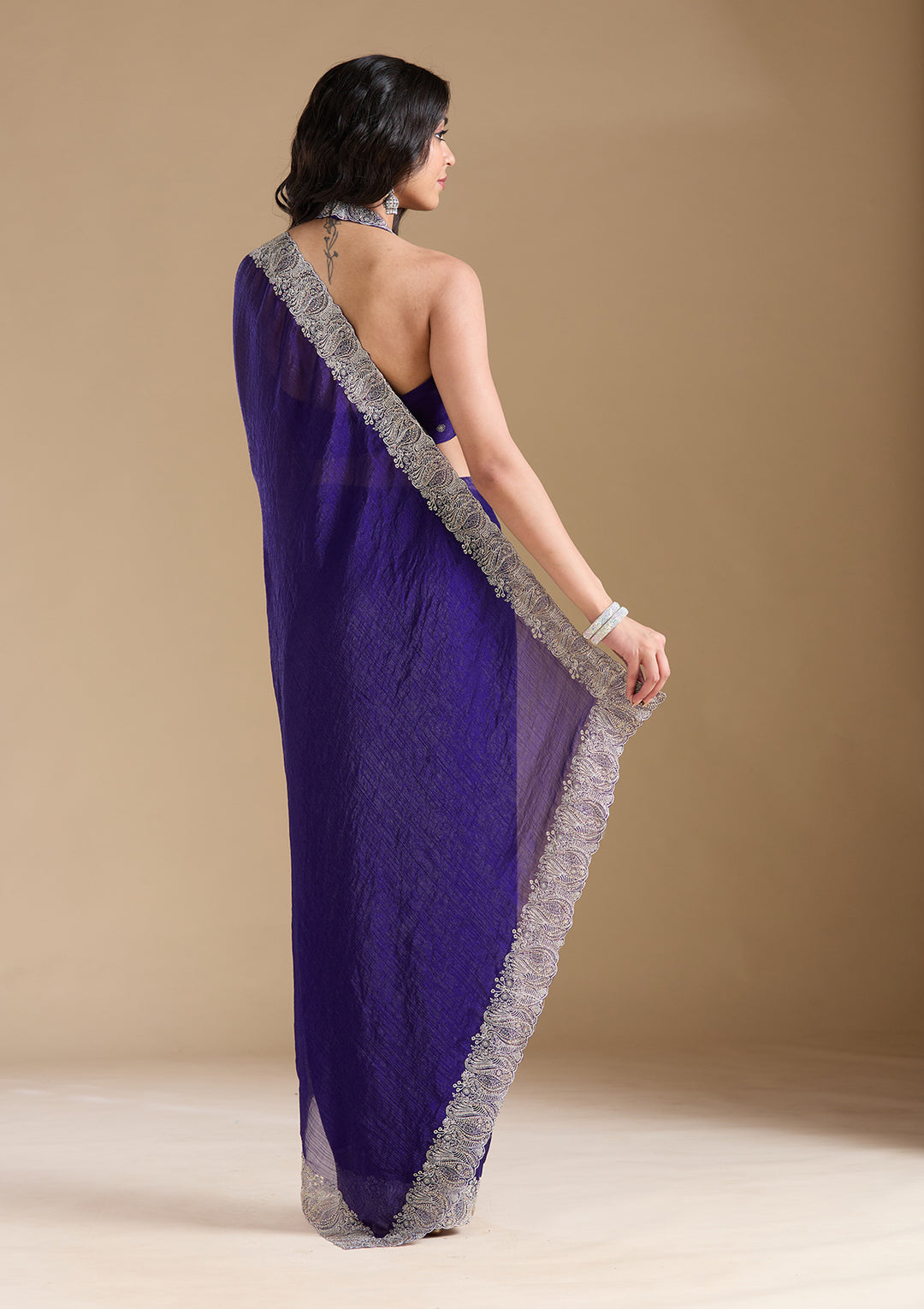 Violet Chiffon Silver Zariwork Saree With Matching Blouse Piece