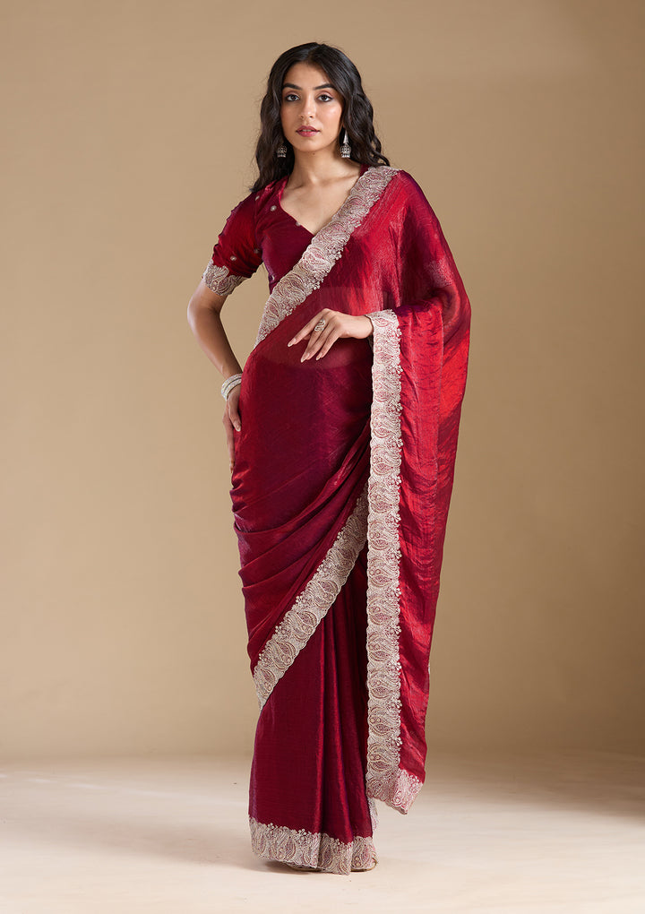 Wine Chiffon Silver Zariwork Saree With Matching Blouse Piece