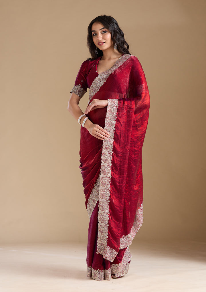 Wine Chiffon Silver Zariwork Saree With Matching Blouse Piece
