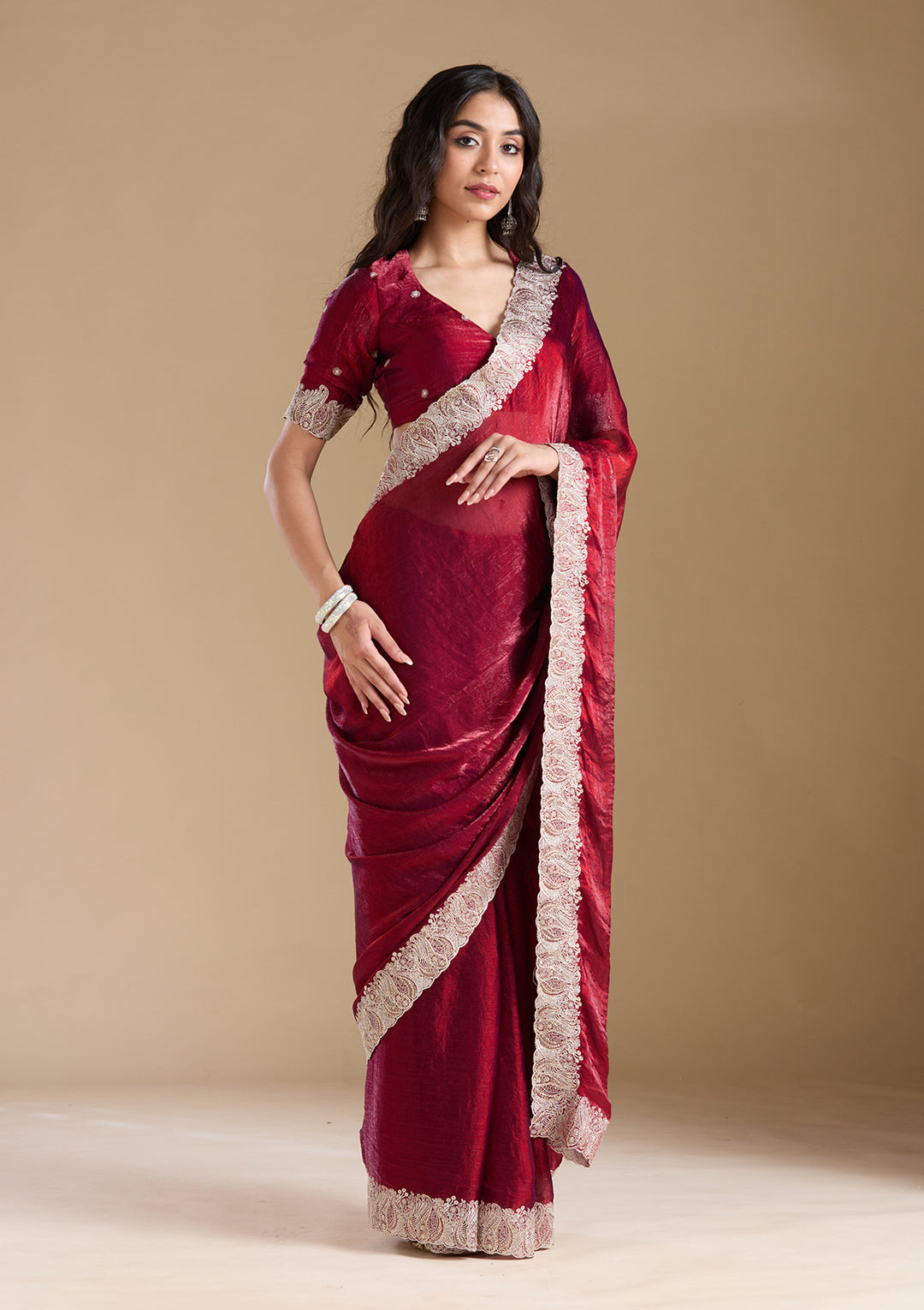 Wine Chiffon Silver Zariwork Saree With Matching Blouse Piece