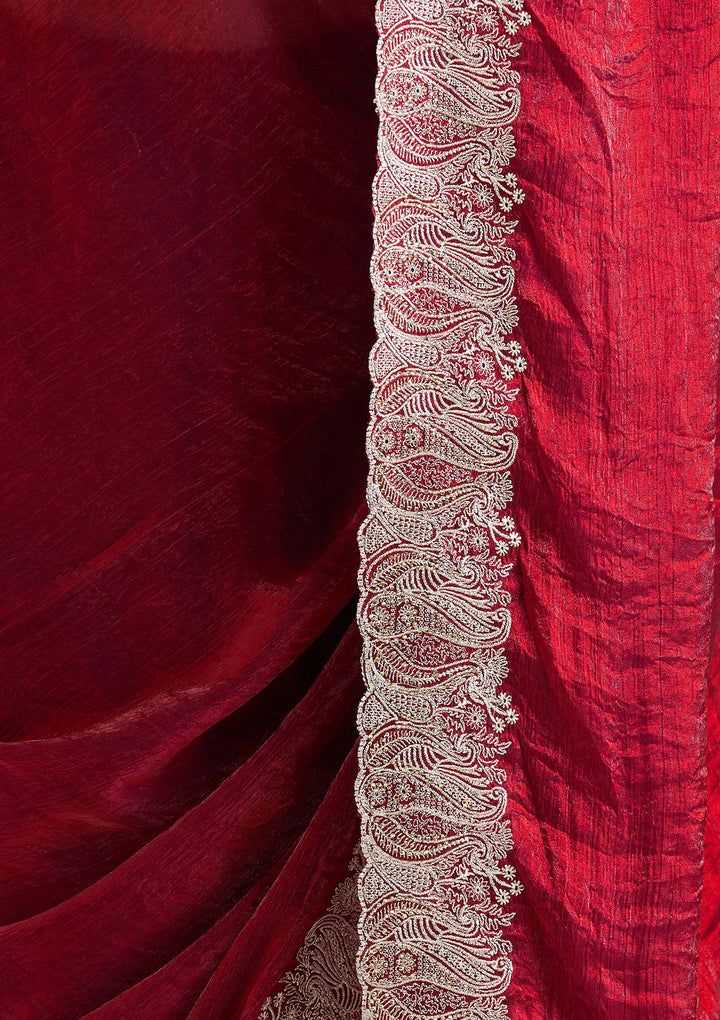 Wine Chiffon Silver Zariwork Saree With Matching Blouse Piece