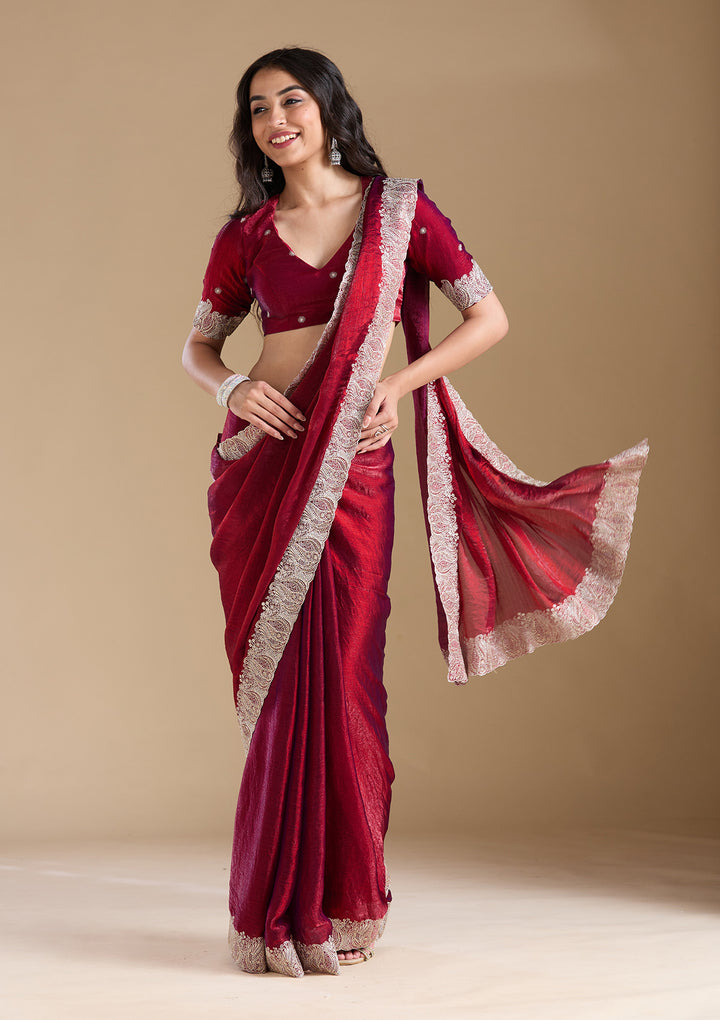 Wine Chiffon Silver Zariwork Saree With Matching Blouse Piece