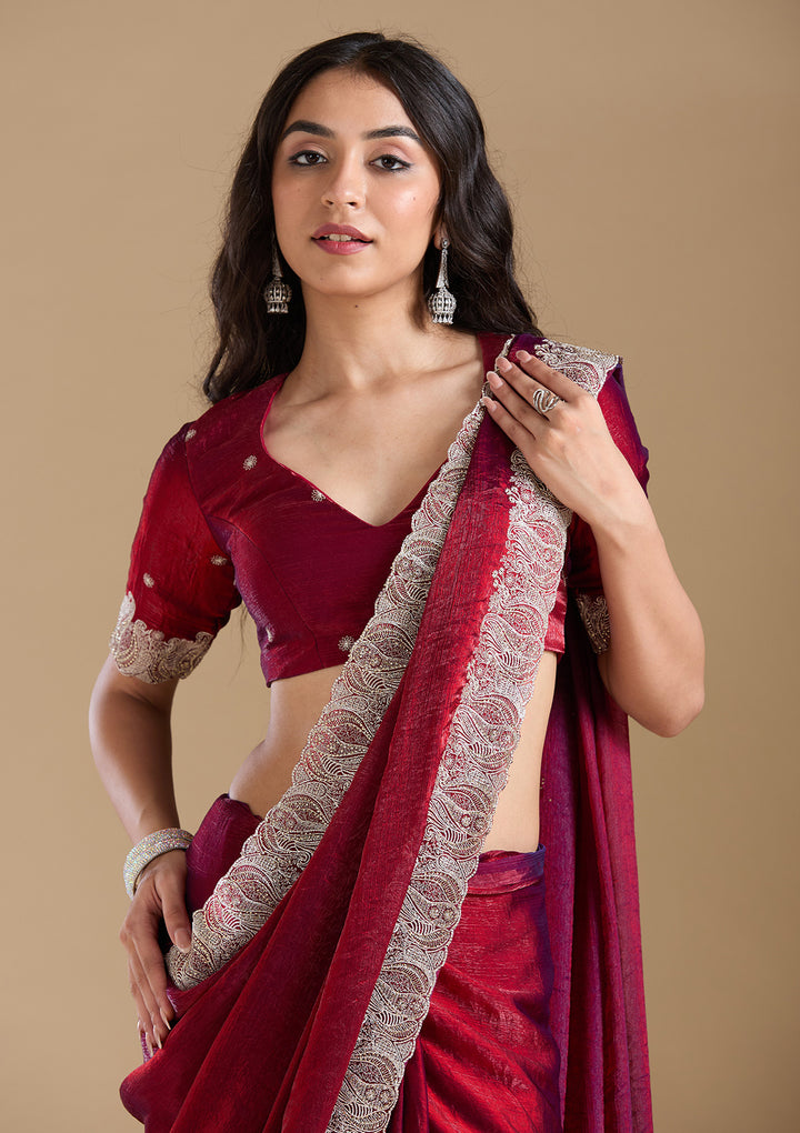 Wine Chiffon Silver Zariwork Saree With Matching Blouse Piece