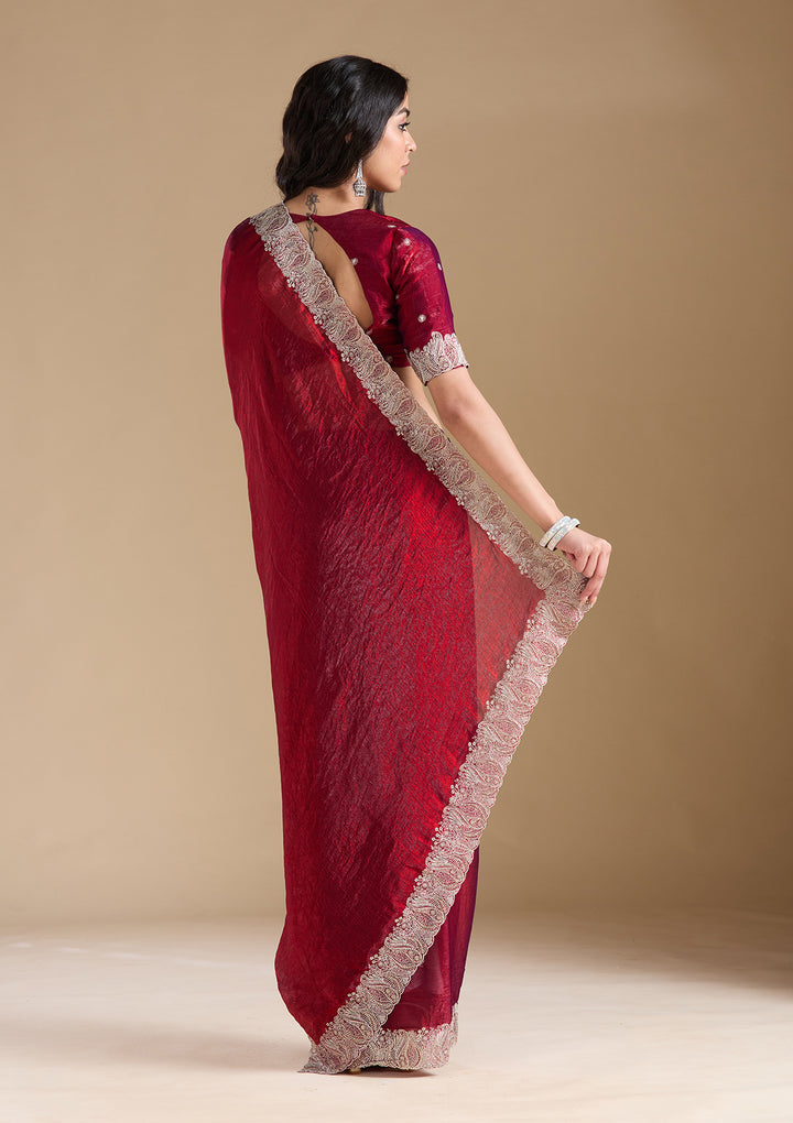 Wine Chiffon Silver Zariwork Saree With Matching Blouse Piece