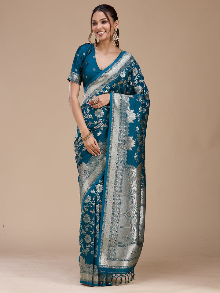 Peacock Blue Silk Jaal Stonework Saree With Matching Blouse Piece