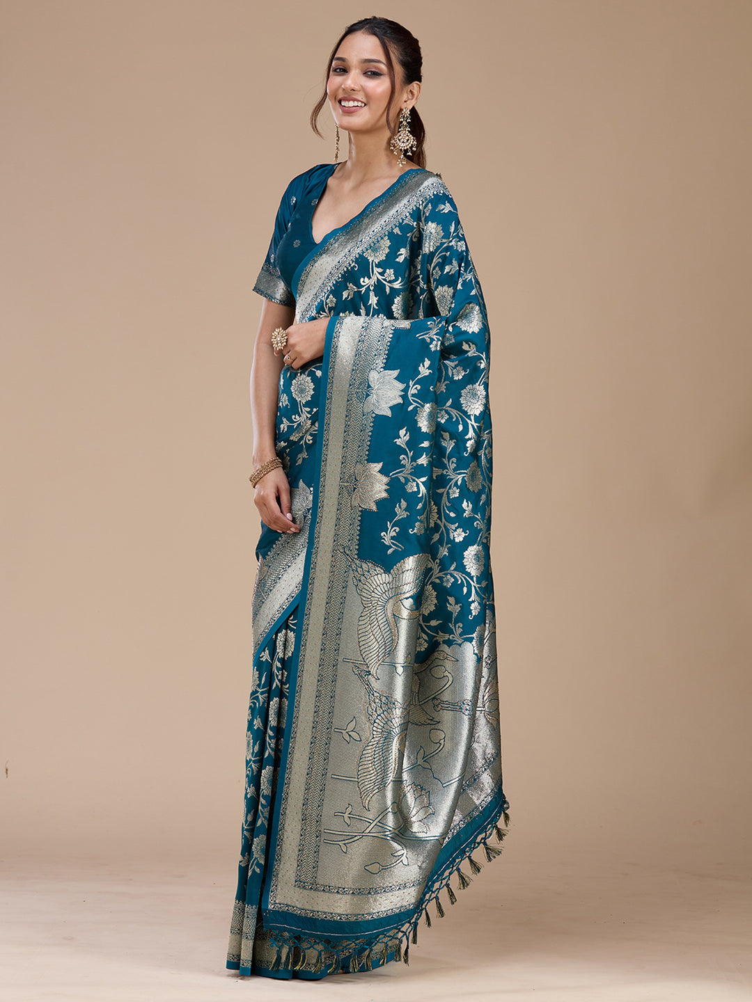 Peacock Blue Silk Jaal Stonework Saree With Matching Blouse Piece