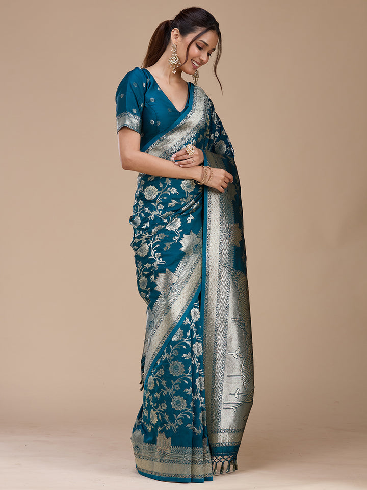Peacock Blue Silk Jaal Stonework Saree With Matching Blouse Piece