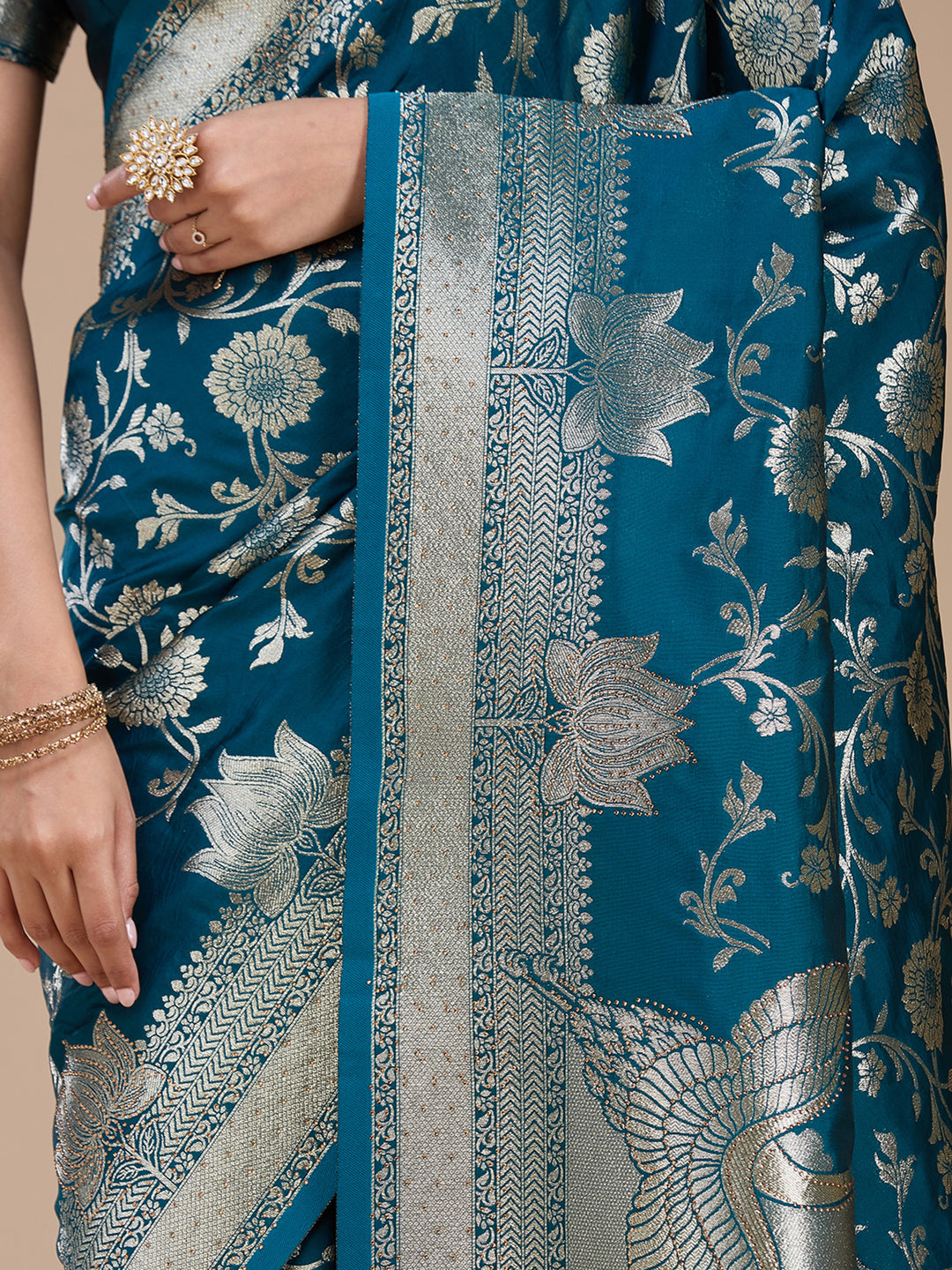 Peacock Blue Silk Jaal Stonework Saree With Matching Blouse Piece
