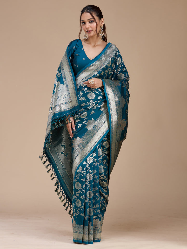 Peacock Blue Silk Jaal Stonework Saree With Matching Blouse Piece