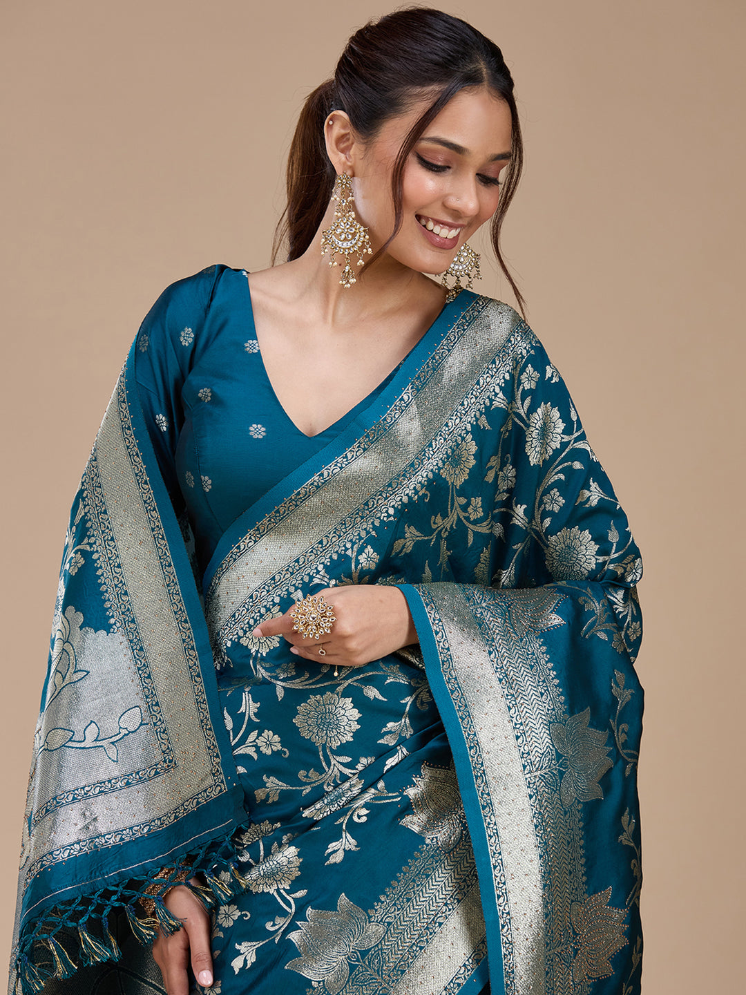 Peacock Blue Silk Jaal Stonework Saree With Matching Blouse Piece