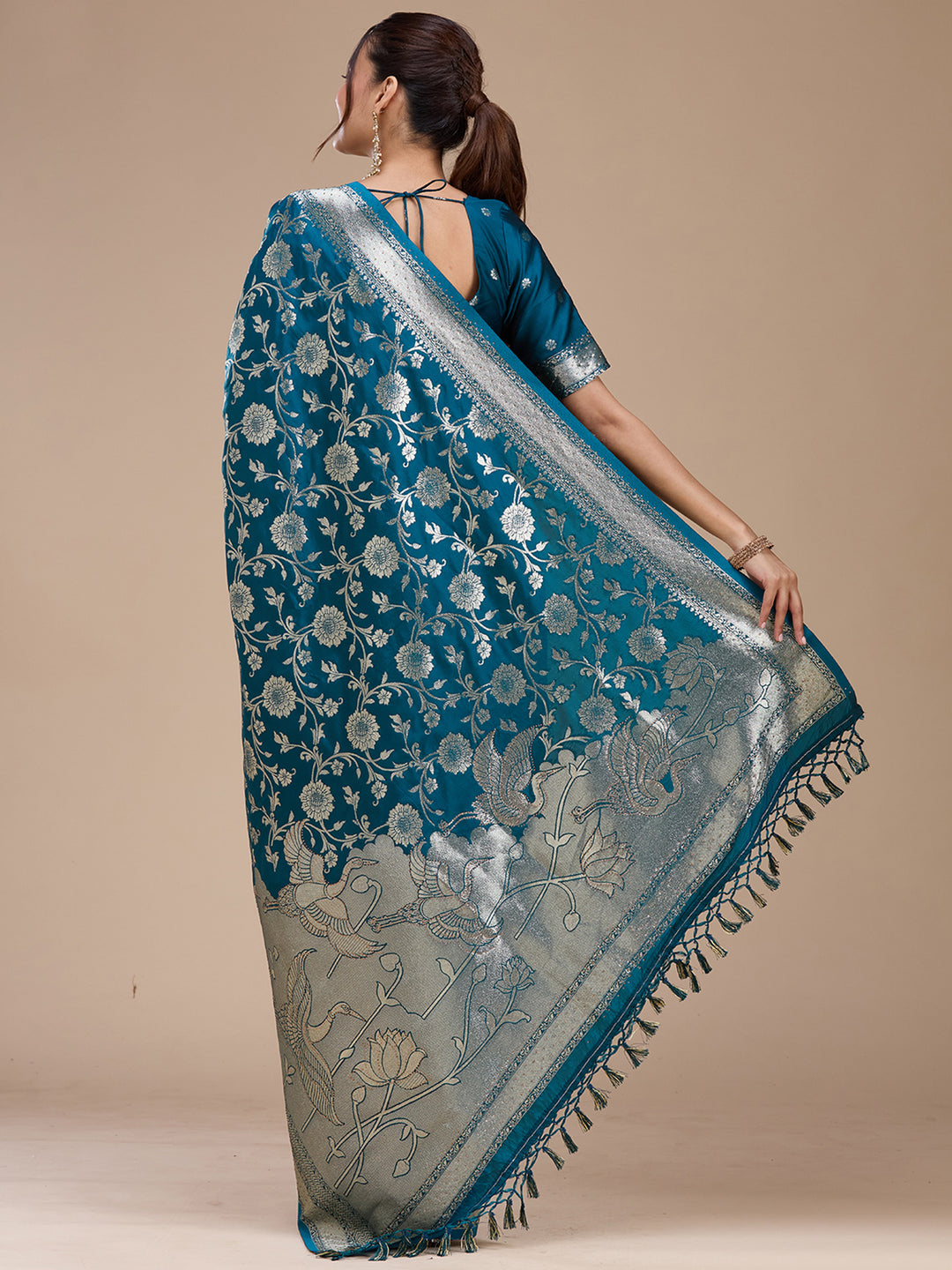 Peacock Blue Silk Jaal Stonework Saree With Matching Blouse Piece