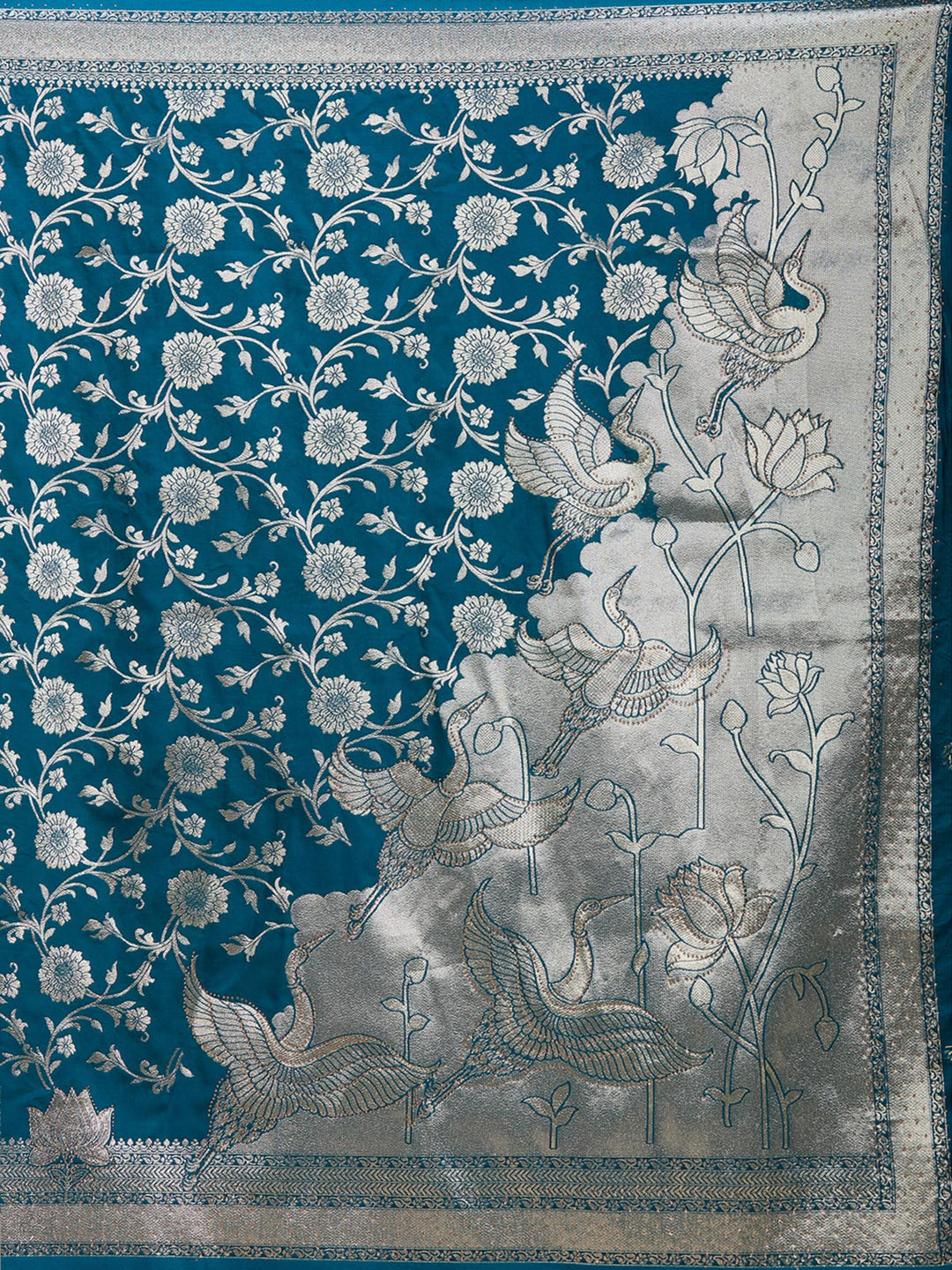 Peacock Blue Silk Jaal Stonework Saree With Matching Blouse Piece
