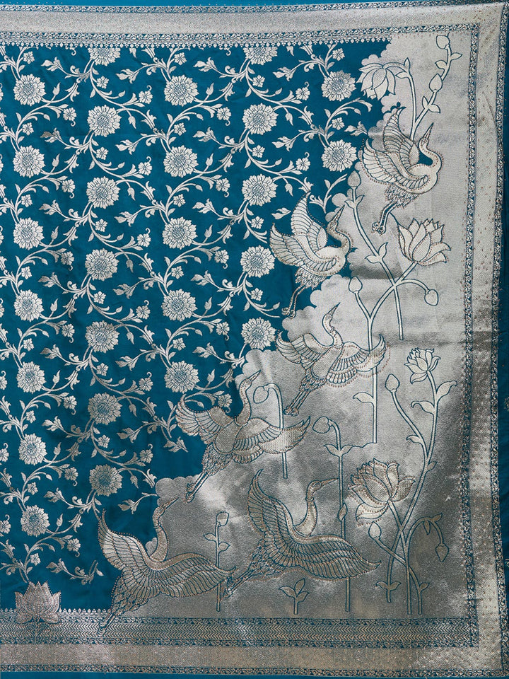 Peacock Blue Silk Jaal Stonework Saree With Matching Blouse Piece