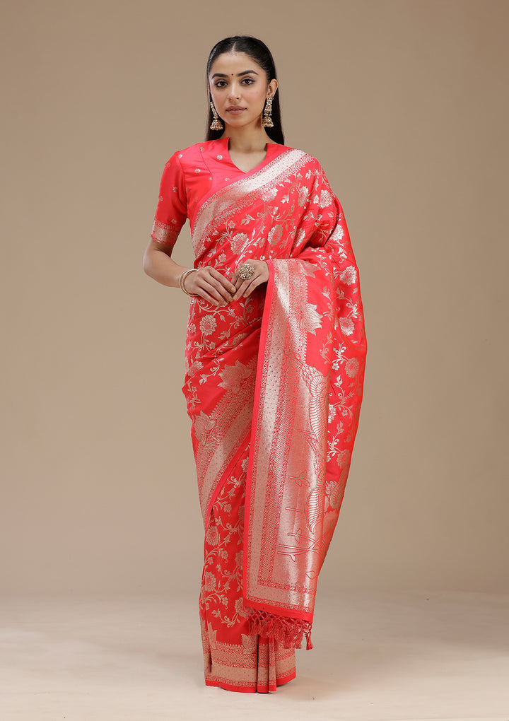 Rani Pink Silk Jaal Stonework Saree With Matching Blouse Piece
