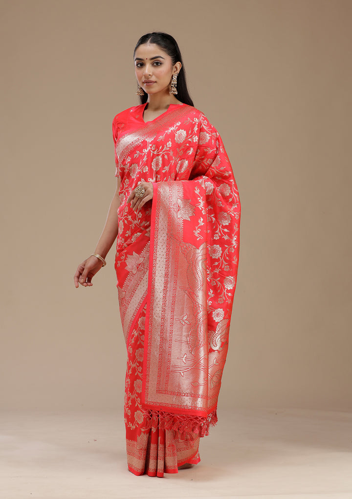 Rani Pink Silk Jaal Stonework Saree With Matching Blouse Piece