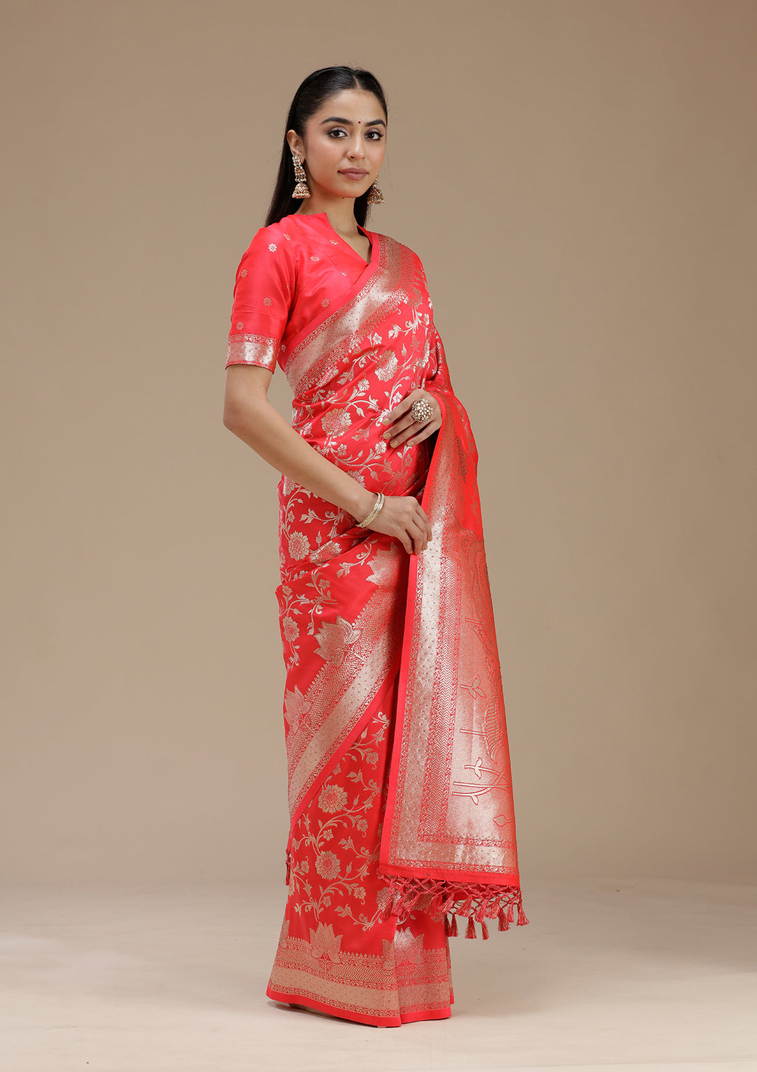 Rani Pink Silk Jaal Stonework Saree With Matching Blouse Piece