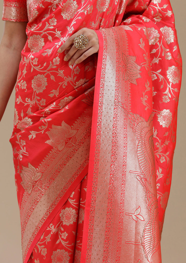 Rani Pink Silk Jaal Stonework Saree With Matching Blouse Piece