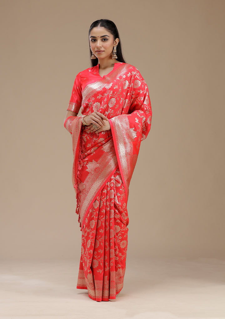 Rani Pink Silk Jaal Stonework Saree With Matching Blouse Piece