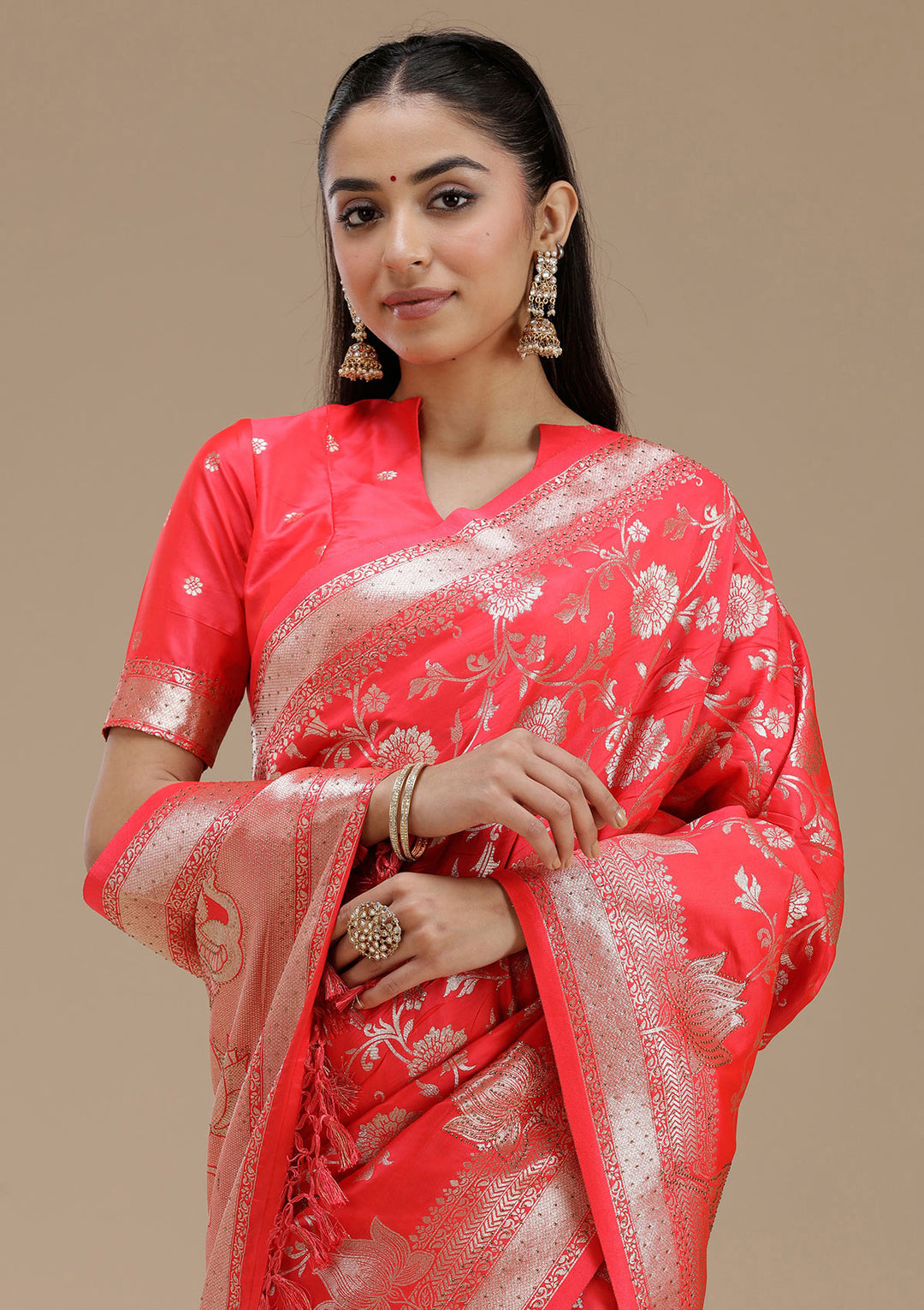 Rani Pink Silk Jaal Stonework Saree With Matching Blouse Piece
