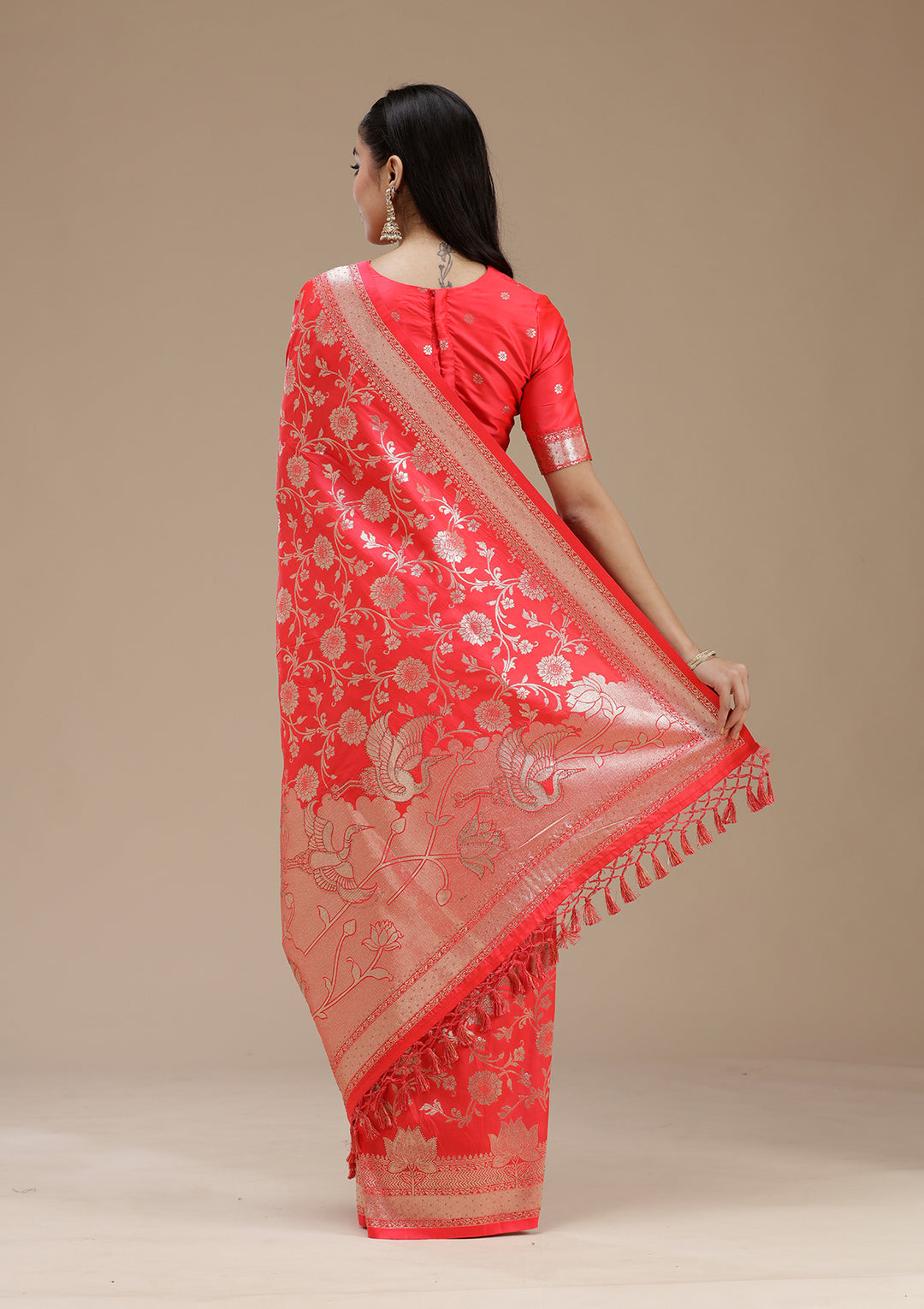 Rani Pink Silk Jaal Stonework Saree With Matching Blouse Piece