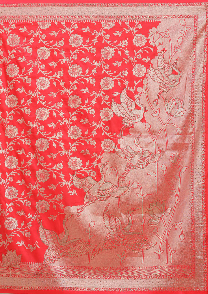 Rani Pink Silk Jaal Stonework Saree With Matching Blouse Piece