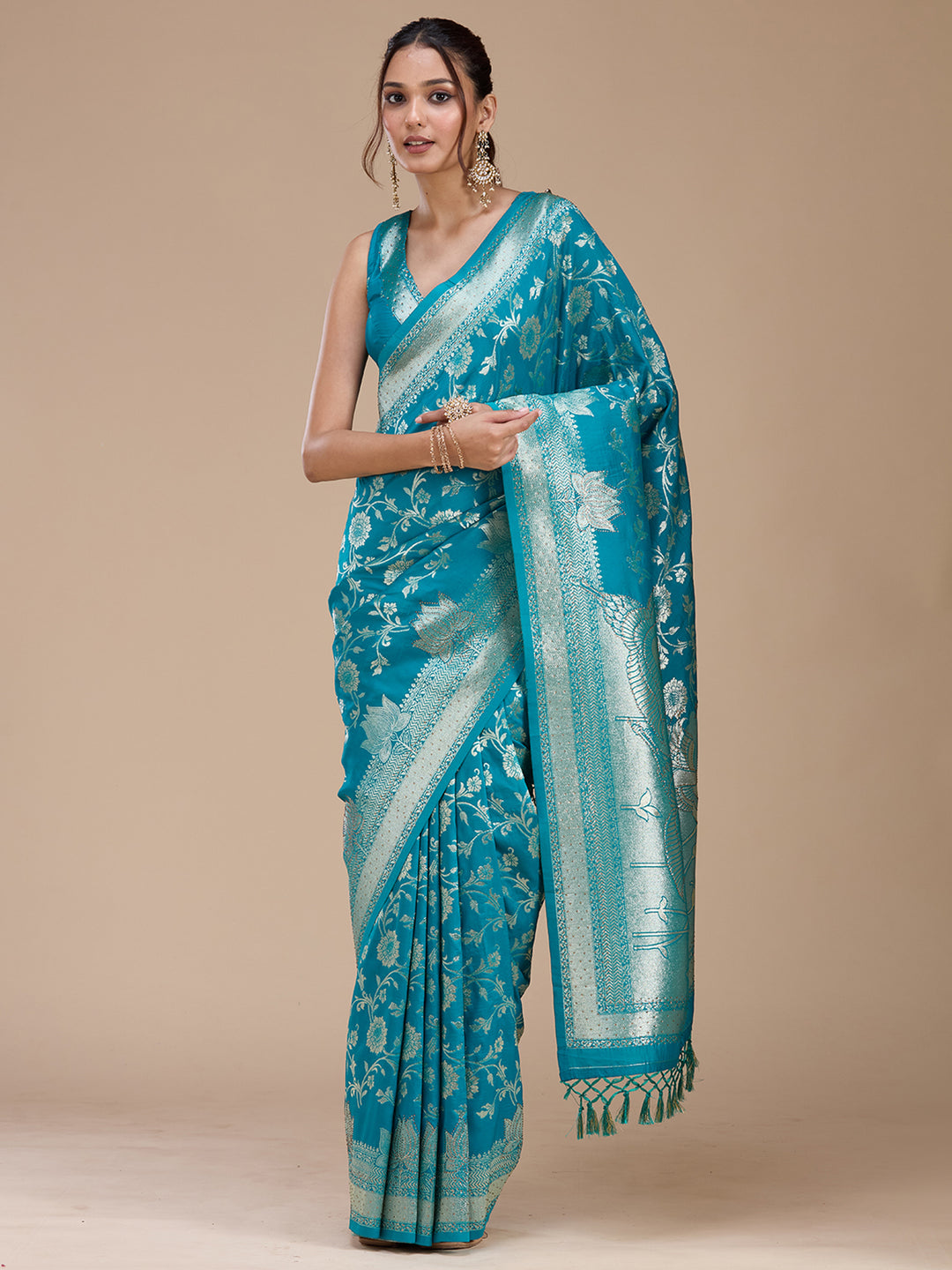 Turquoise Blue Silk Jaal Stonework Saree With Matching Blouse Piece