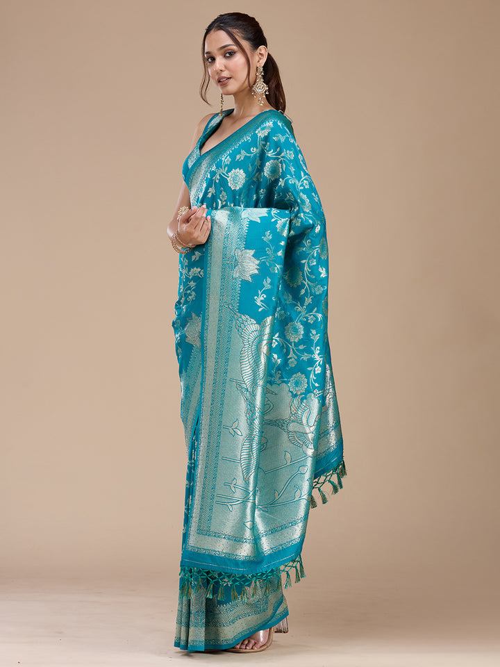 Turquoise Blue Silk Jaal Stonework Saree With Matching Blouse Piece