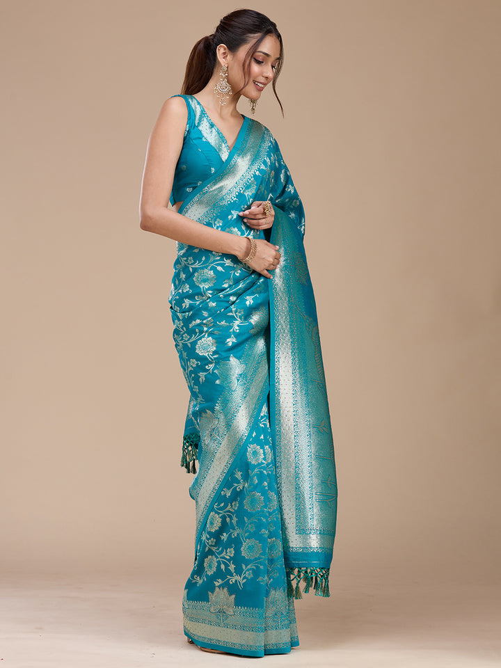 Turquoise Blue Silk Jaal Stonework Saree With Matching Blouse Piece