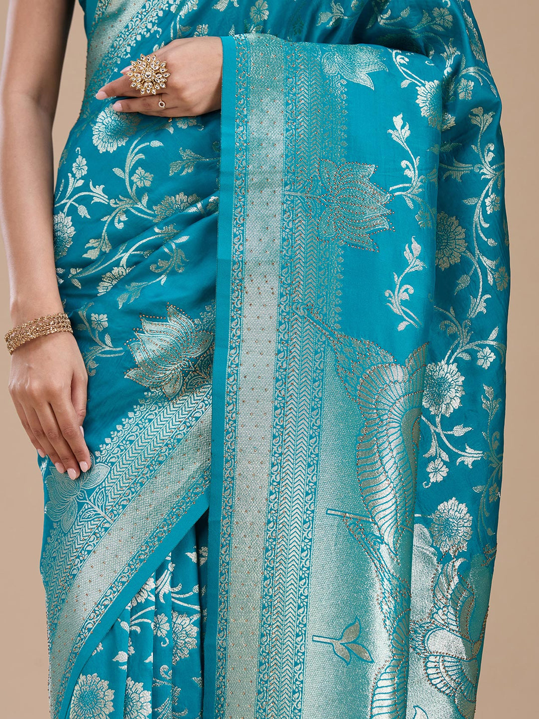 Turquoise Blue Silk Jaal Stonework Saree With Matching Blouse Piece