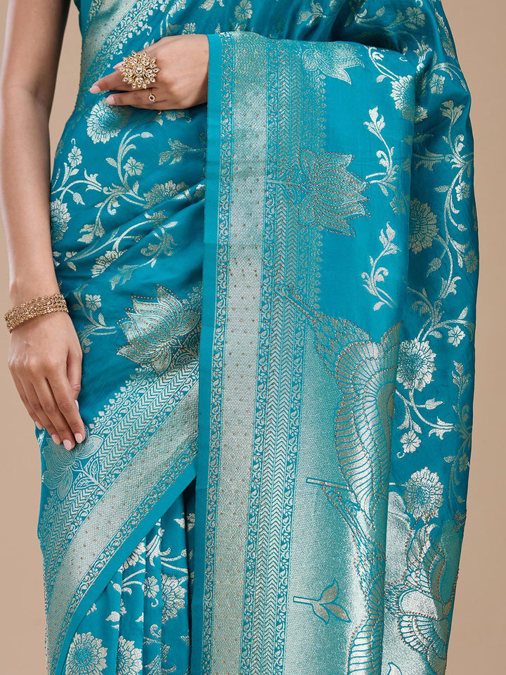 Turquoise Blue Silk Jaal Stonework Saree With Matching Blouse Piece