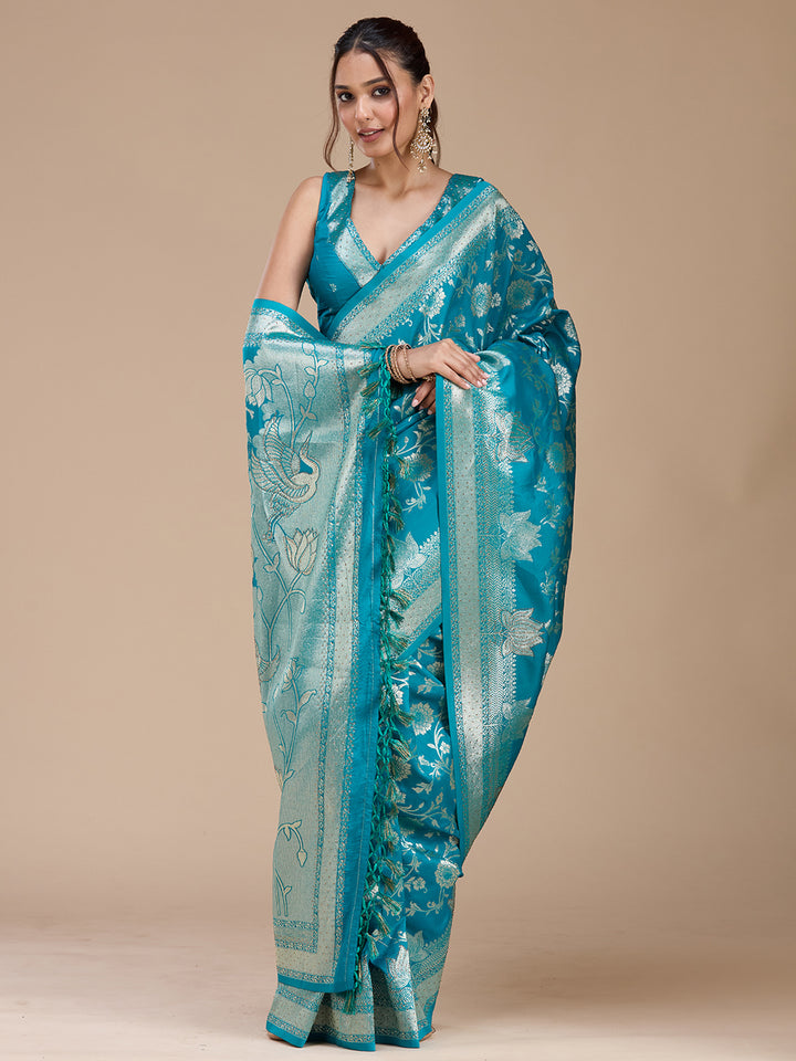 Turquoise Blue Silk Jaal Stonework Saree With Matching Blouse Piece