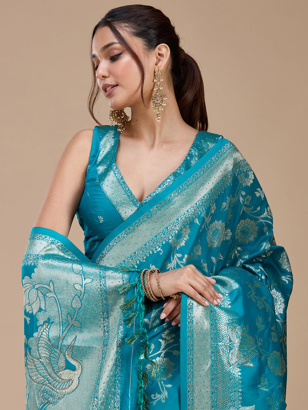 Turquoise Blue Silk Jaal Stonework Saree With Matching Blouse Piece