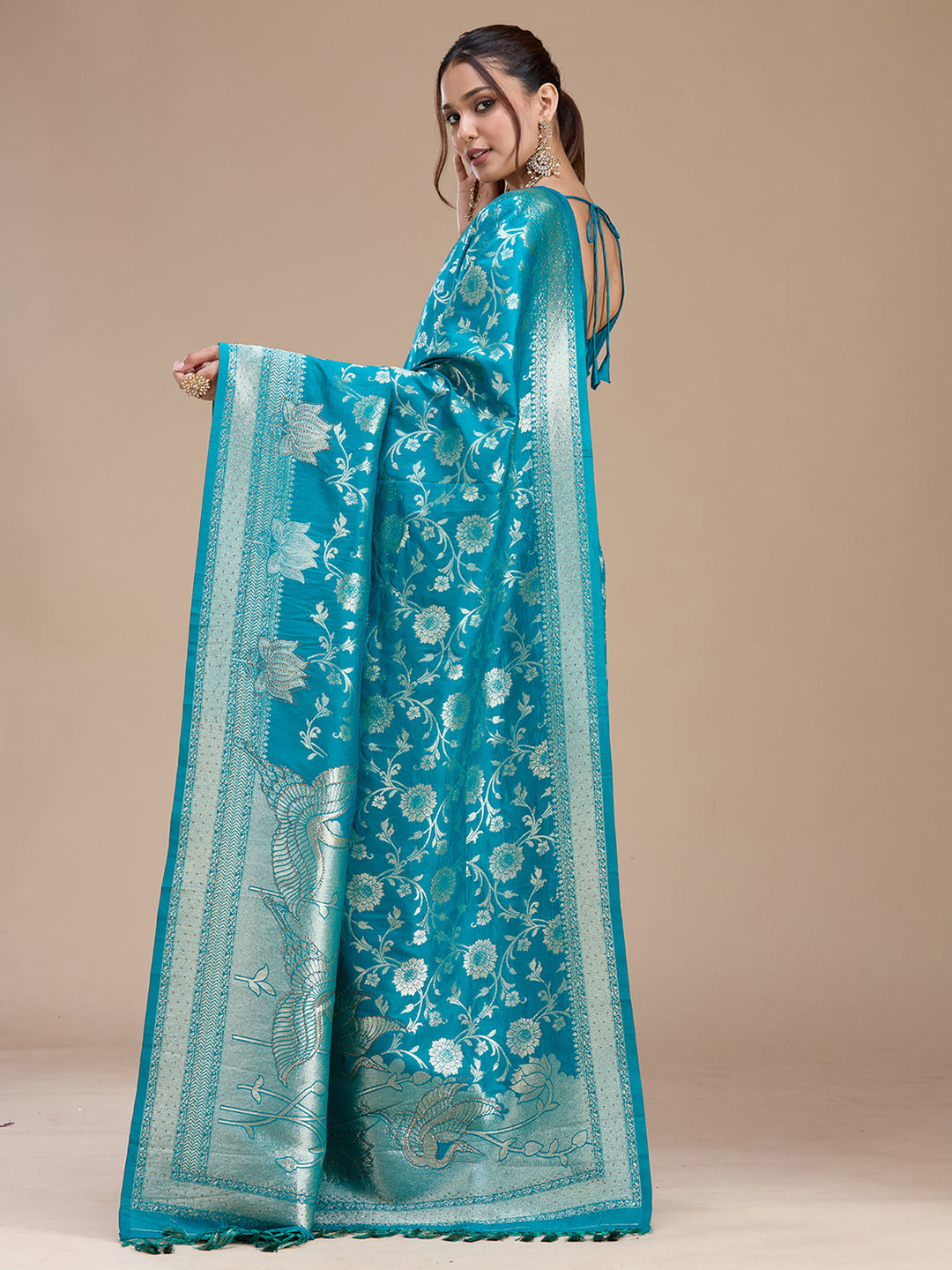 Turquoise Blue Silk Jaal Stonework Saree With Matching Blouse Piece