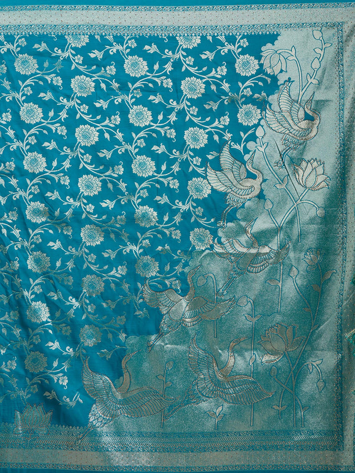 Turquoise Blue Silk Jaal Stonework Saree With Matching Blouse Piece