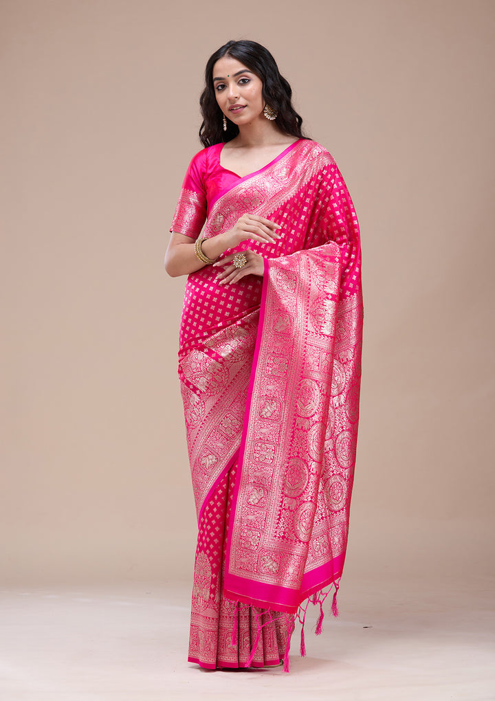 Magenta Pink Silk Buti Stonework Saree With Matching Blouse Piece