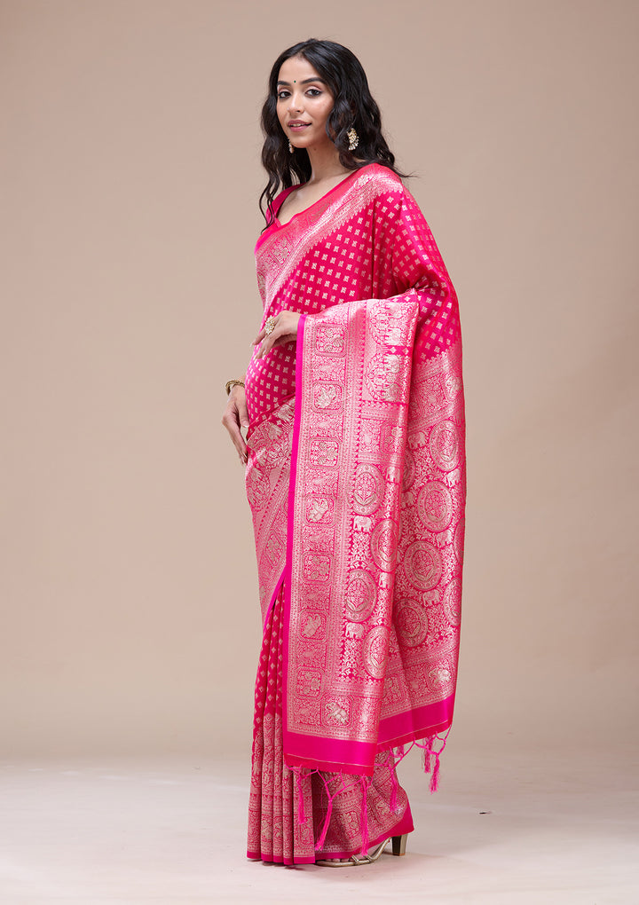 Magenta Pink Silk Buti Stonework Saree With Matching Blouse Piece