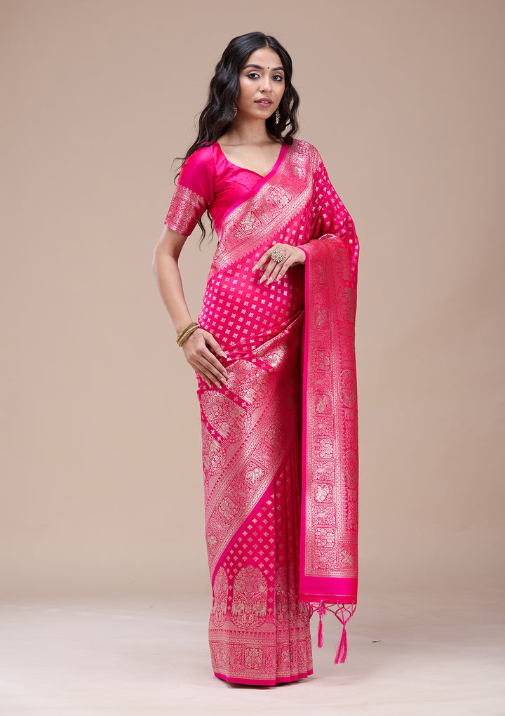 Magenta Pink Silk Buti Stonework Saree With Matching Blouse Piece