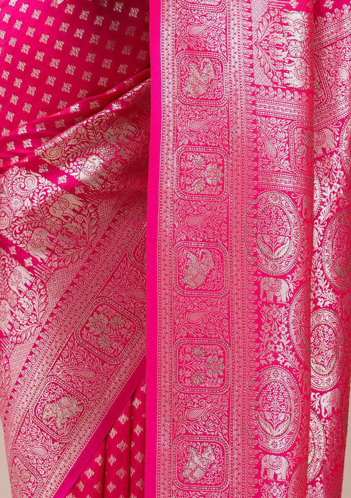 Magenta Pink Silk Buti Stonework Saree With Matching Blouse Piece