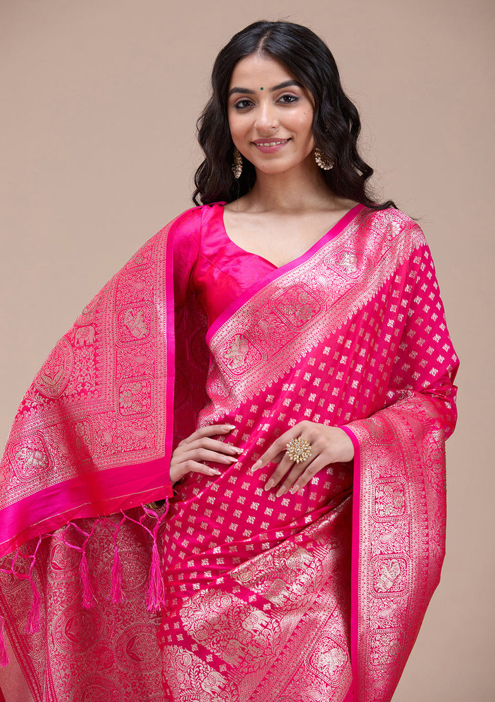 Magenta Pink Silk Buti Stonework Saree With Matching Blouse Piece
