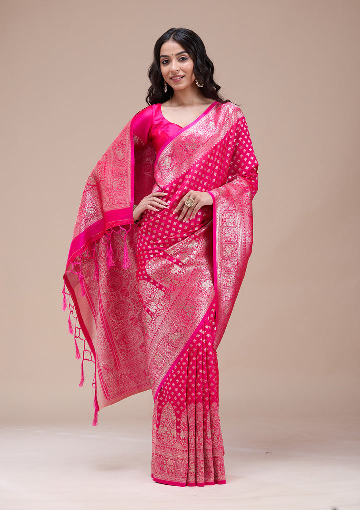 Magenta Pink Silk Buti Stonework Saree With Matching Blouse Piece