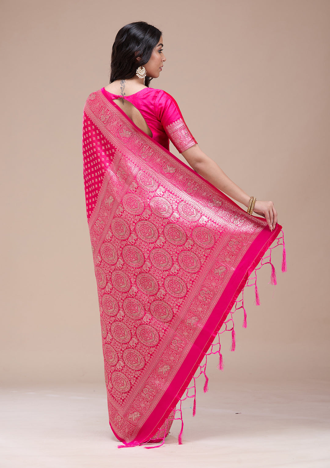 Magenta Pink Silk Buti Stonework Saree With Matching Blouse Piece