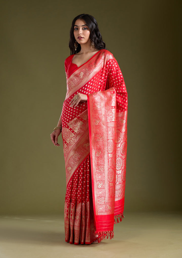 Red Silk Buti Stonework Saree With Matching Blouse Piece