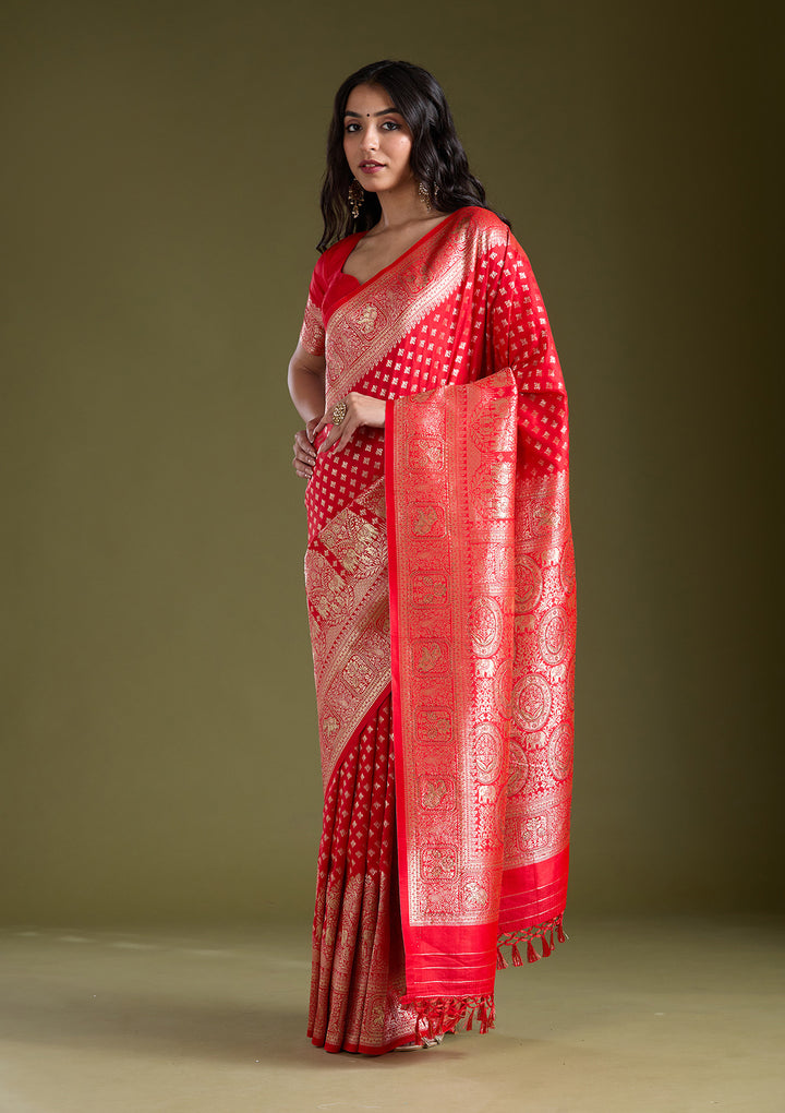 Red Silk Buti Stonework Saree With Matching Blouse Piece