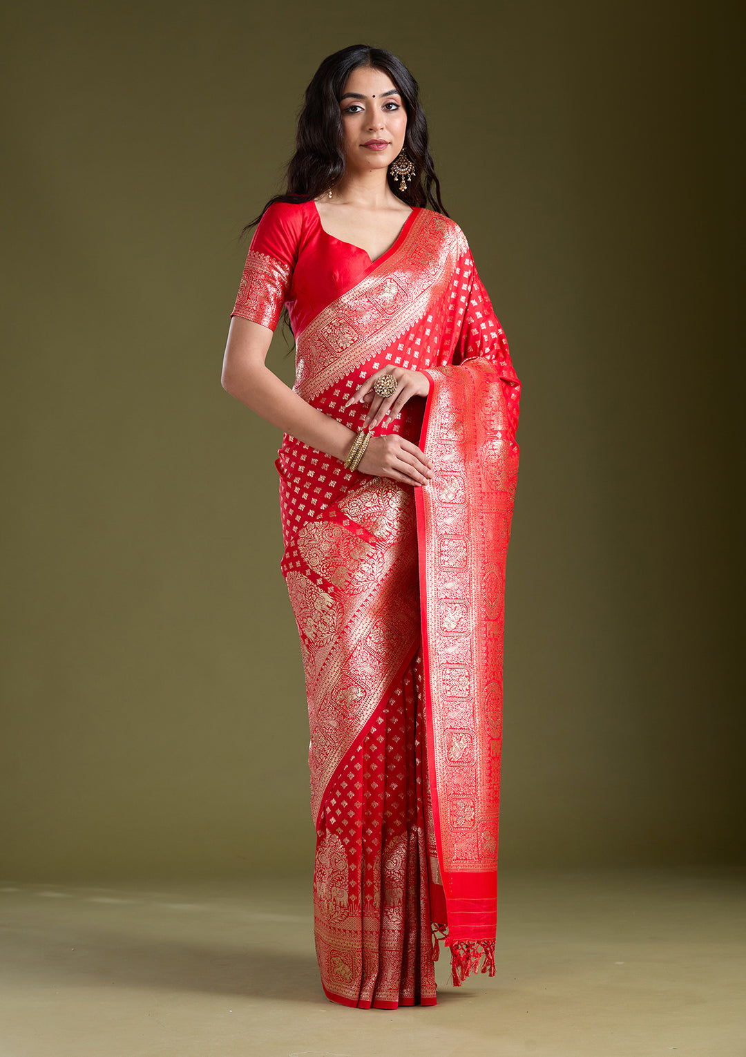 Red Silk Buti Stonework Saree With Matching Blouse Piece