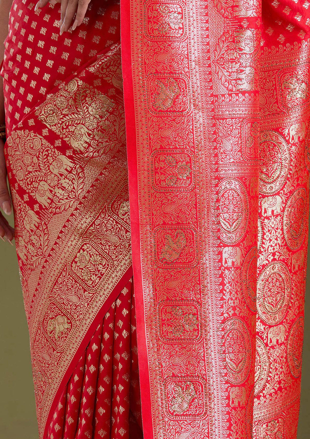Red Silk Buti Stonework Saree With Matching Blouse Piece