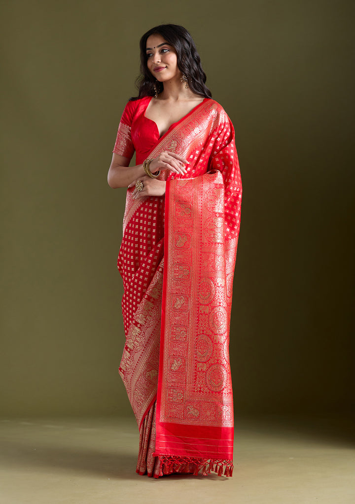 Red Silk Buti Stonework Saree With Matching Blouse Piece