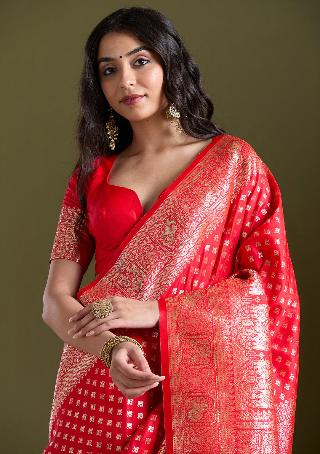Red Silk Buti Stonework Saree With Matching Blouse Piece