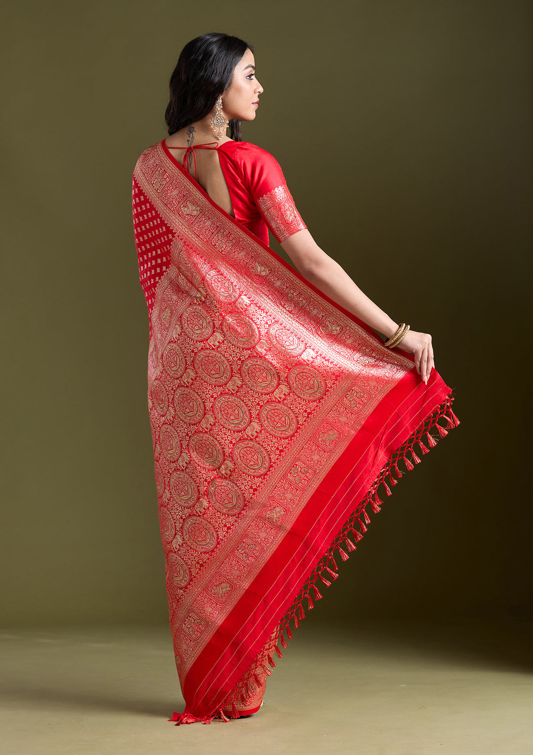 Red Silk Buti Stonework Saree With Matching Blouse Piece