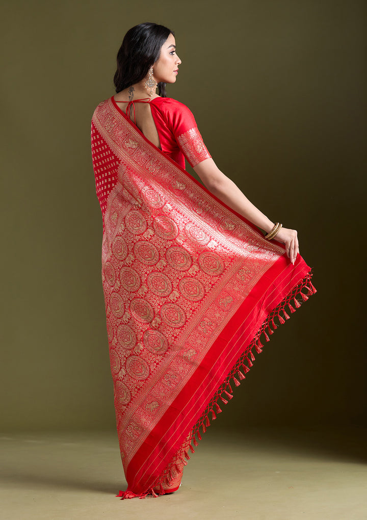 Red Silk Buti Stonework Saree With Matching Blouse Piece